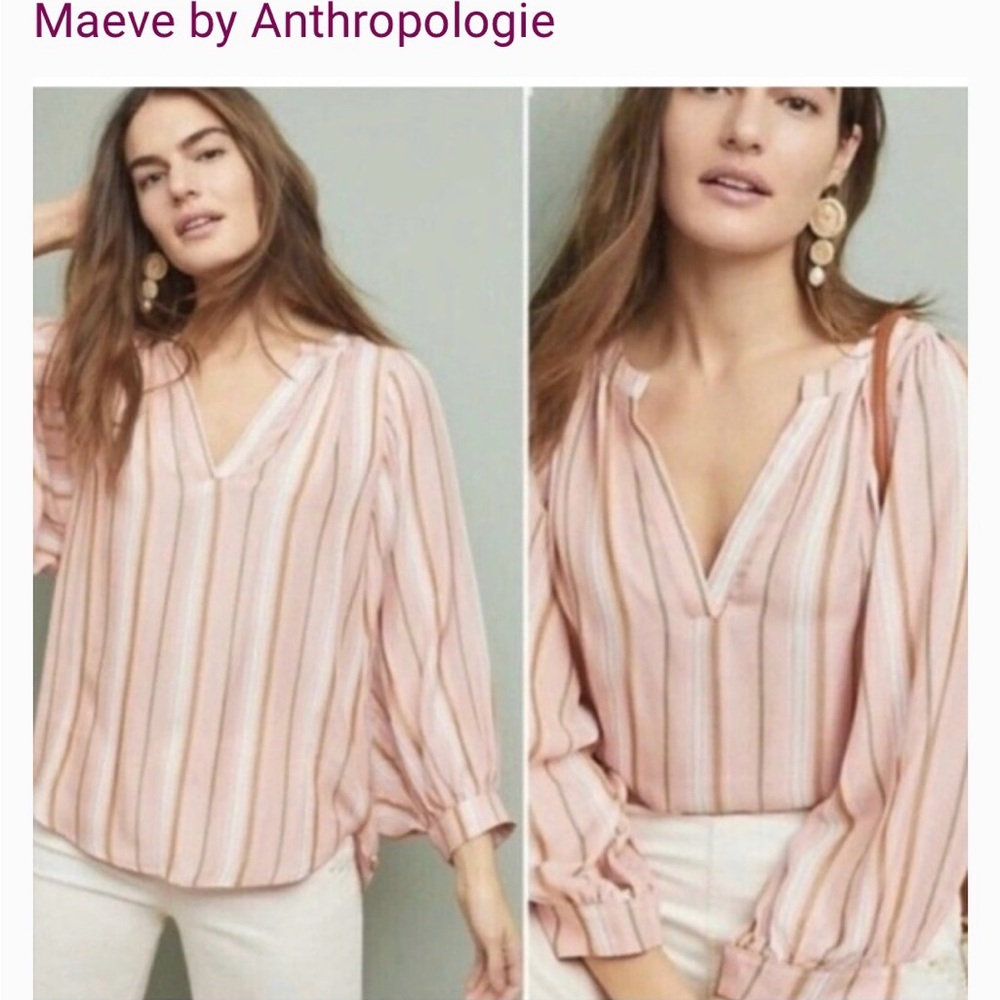 Anthropologie Maeve Byron Blouse Pink Striped Top Puff Sleeve Size Small